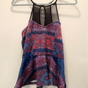 Geometric Peplum Flare Top with Mesh Neckline